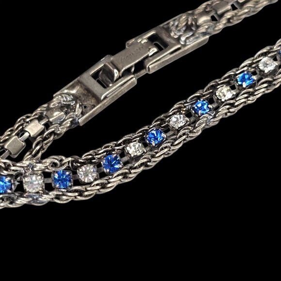 Vintage Silver Tone Tennis Chain Bracelet Blue Clear Rhinestones 7" Signed - Picture 1 of 10